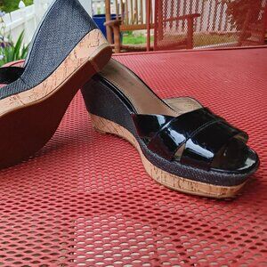 Wedge Sandals Black Patent Leather and Cork Size 8 Like New